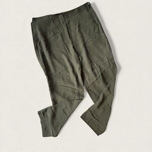 Citron Santa Monica 100% Silk Olive Green Pants Women Relaxed Embroidered Large